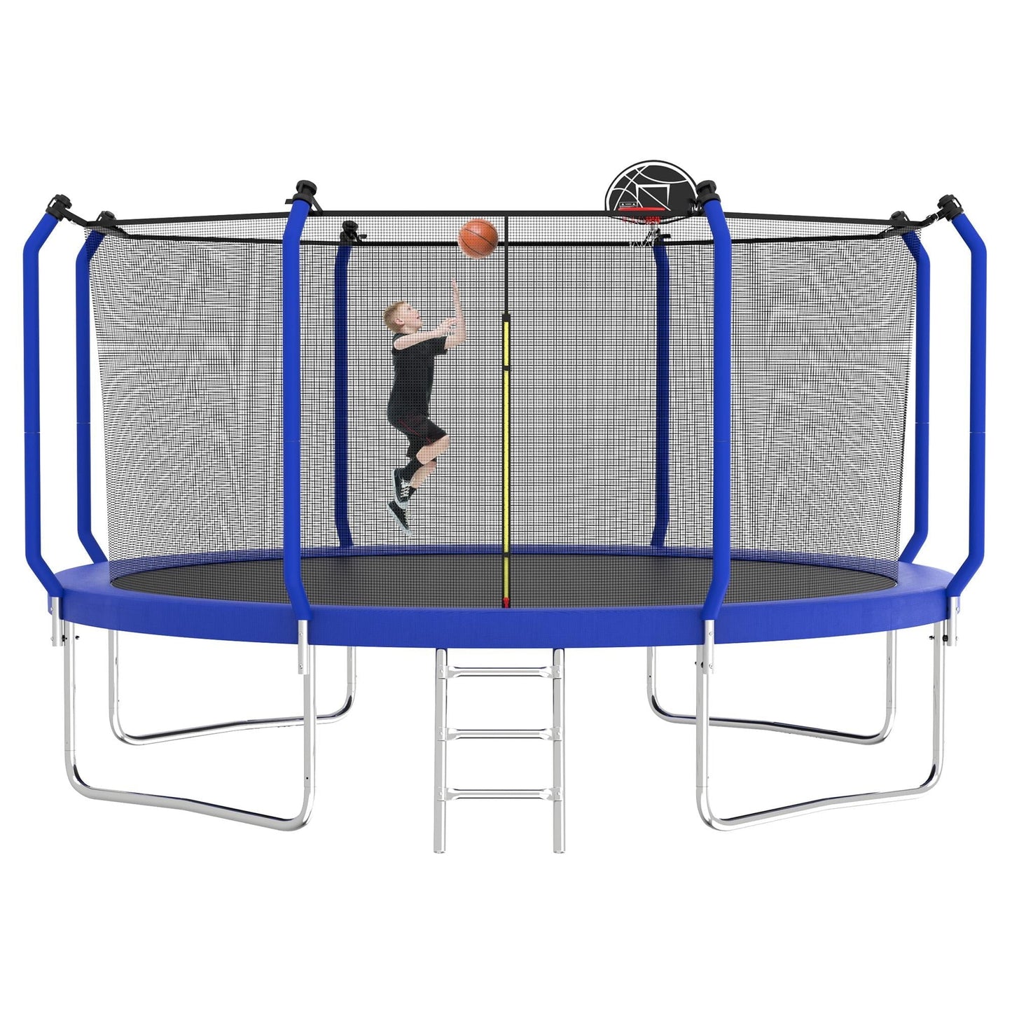 14FT Trampoline with Enclosure, Kids Trampoline with Basketball Hoop and Non-slip Ladder, Backyard Patio Family Outdoor Recreational Trampoline, Including All Accessories