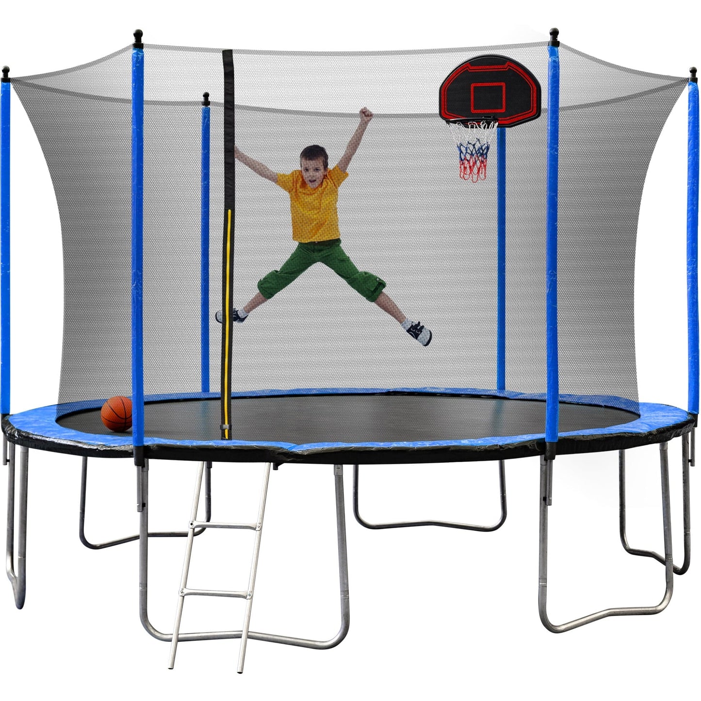 14FT Trampoline Outdoor, Large Kids Trampoline with Basketball Hoop, Enclosure Net, Recreational Trampolines with Ladder, Rubber Ball, Inflator, Trampoline for Kids and Adults