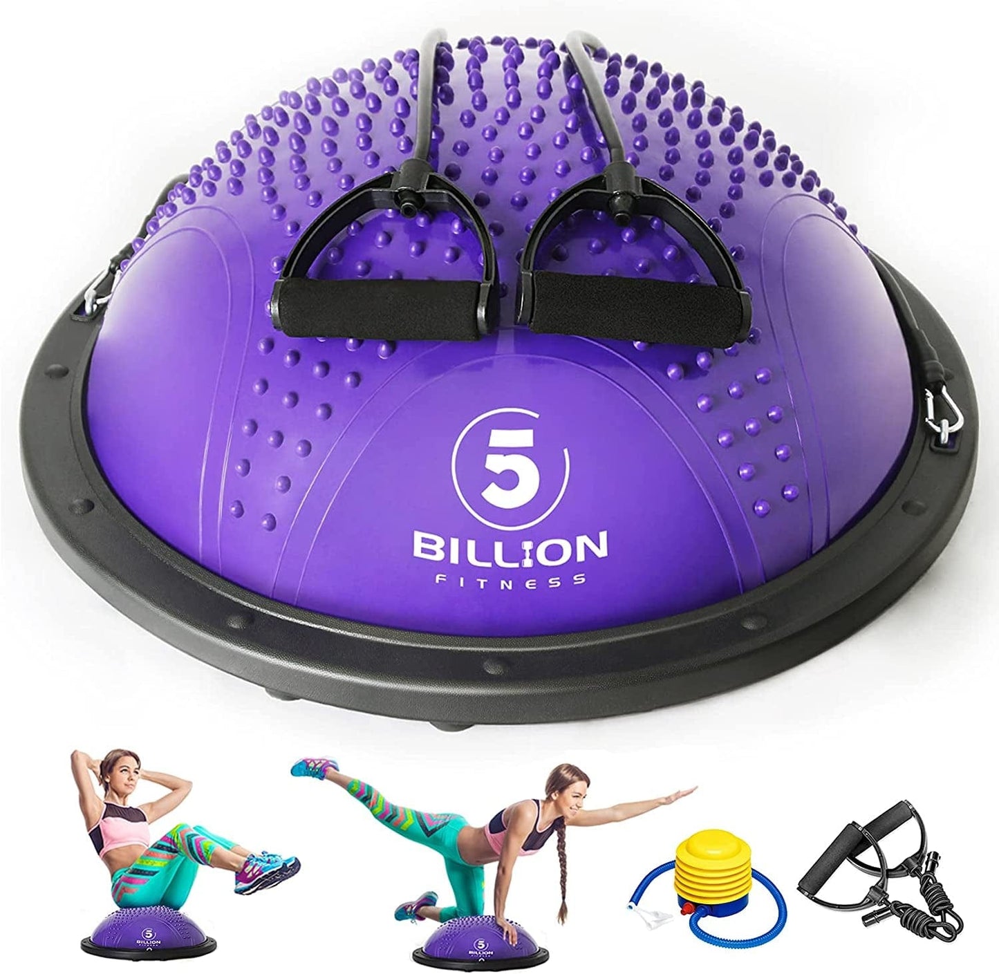 5BILLION 58Cm anti Slip Balance Ball Trainer Half Yoga Exercise Ball with Resistance Bands Foot Pump for Full Body Workout, Strength Exercise, Core Training, Home Gym Workout Supports up to 800LBS