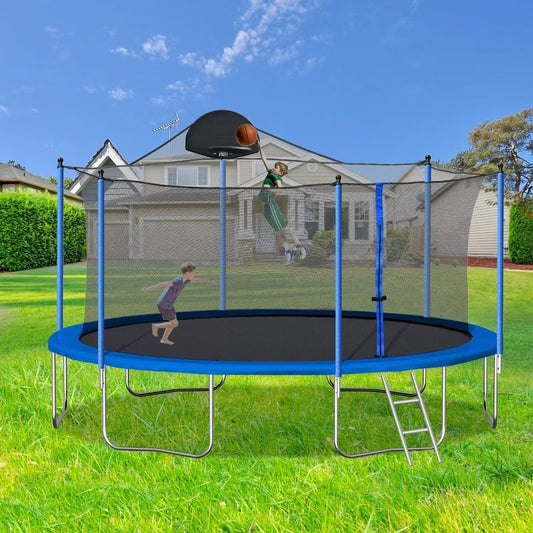 14FT Trampoline with Basketball Hoop, 1.4MM Thickened Recreational Trampoline for Adults & Kids, Heavy Duty Outdoor Trampoline with Full Enclosure Net & Steel Ladder