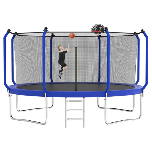 14FT Trampoline with Enclosure, Kids Trampoline with Basketball Hoop and Non-slip Ladder, Backyard Patio Family Outdoor Recreational Trampoline, Including All Accessories