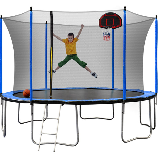 14FT Trampoline Outdoor, Large Kids Trampoline with Basketball Hoop, Enclosure Net, Recreational Trampolines with Ladder, Rubber Ball, Inflator, Trampoline for Kids and Adults