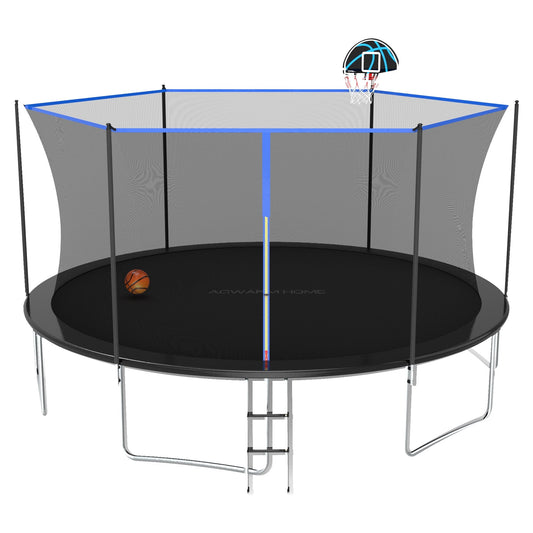 ACWARM HOME 15FT Outdoor Trampolines with Safety Enclosure and Basketball Hoop, Black Trampoline with Net for Kids