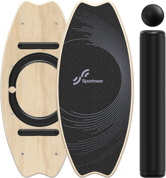 Wooden Balance Board with Adjustable Stoppers: 7 Modes Wobble Board with Roller and Balance Ball - Exercise Balancing Stability Trainer for Workout Core Trainer Physical Therapy - Non Slip Surface